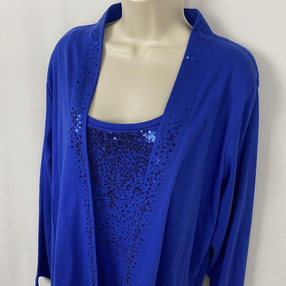 Quacker Factory Top Womens 2X Blue Sequin Tank Cardigan TwoFer 2Fer Layered Look - Picture 2 of 12
